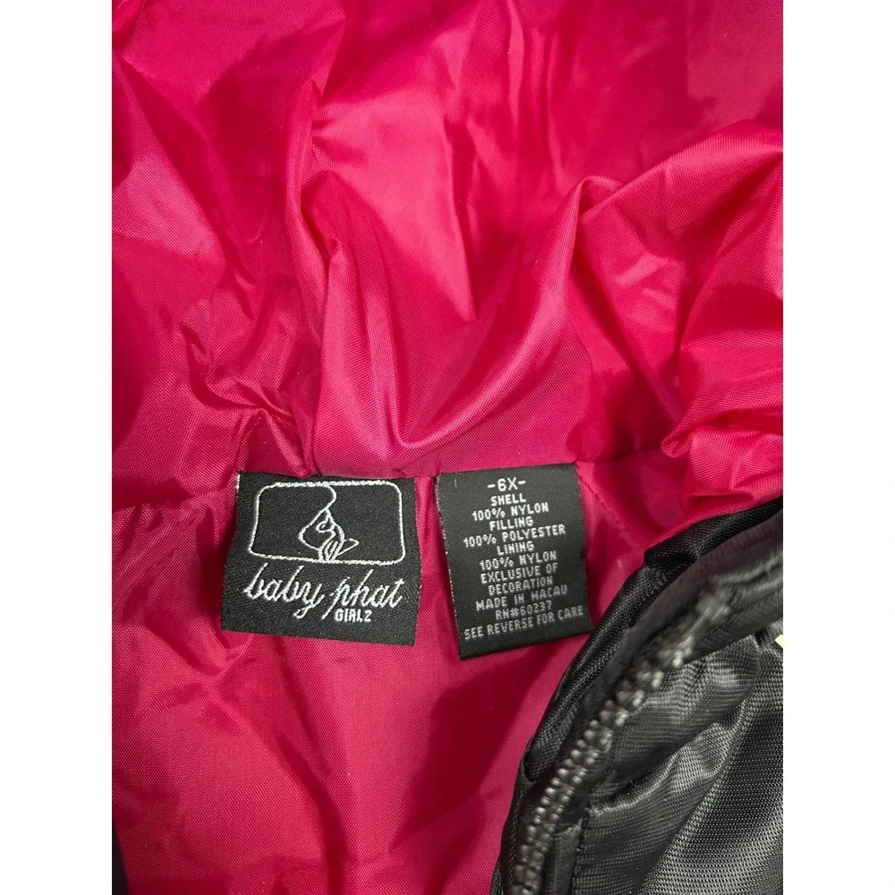 Baby Phat Vintage Girls Black Hooded Puffer Jacket‎ Pink Lining Logo Size 6X